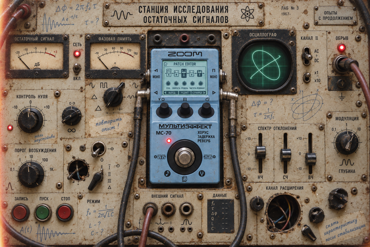 A Zoom MS-70CDR mounted in a vintage lab console, running the browser patch editor